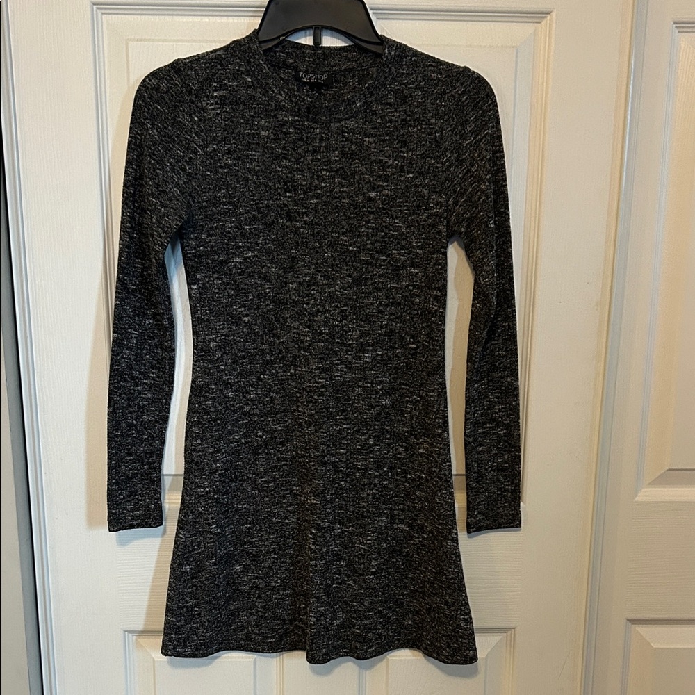 TOPSHOP Long Sleeve Marled Knit Charcoal Mini Dress Women's 4